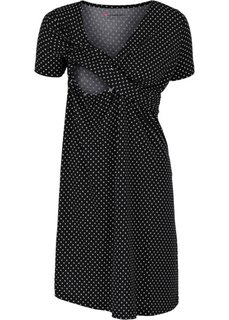 Мода для беременных и кормящих мам: трикотажное платье-стретч с коротким рукавом (черный/белый в горошек) Bonprix
