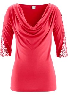 Футболка с кружевным декором и рукавами 3/4 (омаровый) Bonprix