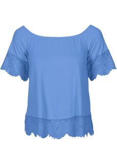 Футболка с кружевной отделкой (голубой) Bonprix