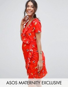 Платье мини с оборками и принтом ASOS Maternity - Красный