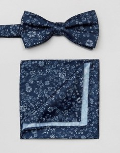 Галстук-бабочка и платок для пиджака с цветочным принтом Selected Homme - Темно-синий