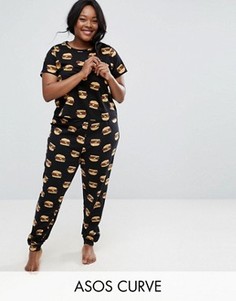Пижама с футболкой и джоггерами с бургерами ASOS CURVE - Черный