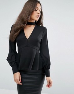 Блузка с V-образным вырезом и лентой вокруг шеи ASOS - Черный