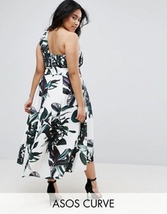 Платье для выпускного на одно плечо с принтом пальмовых листьев ASOS CURVE - Мульти