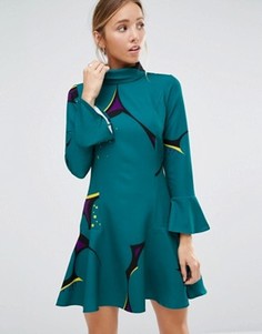 Платье с баской на рукавах и по краю Closet - Зеленый