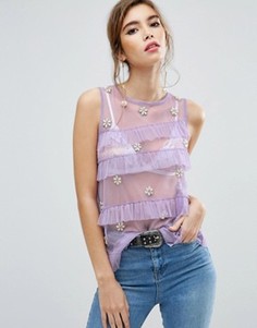 Сетчатый топ с отделкой оборками и жемчужными бусинами ASOS - Фиолетовый