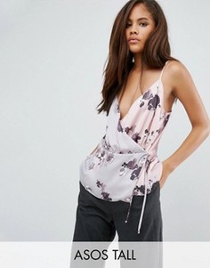 Атласный топ на тонких бретельках с цветочным принтом ASOS TALL Premium - Мульти
