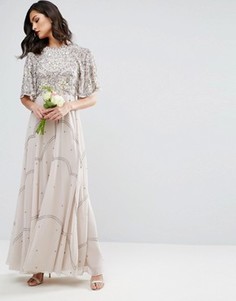 Платье макси с цветочной отделкой и рукавами клеш ASOS WEDDING - Серый