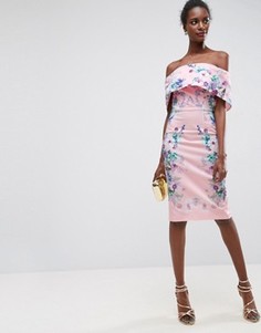 Платье миди с открытыми плечами и цветочным принтом ASOS - Розовый