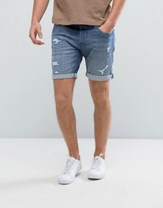 Джинсовые шорты с рваной отделкой и заплатками Selected Homme - Синий