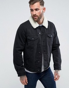 Черная джинсовая куртка с воротником-борг ASOS - Черный