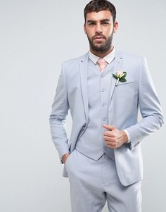 Светло-голубой облегающий пиджак из ткани на основе хлопка и льна ASOS WEDDING - Синий