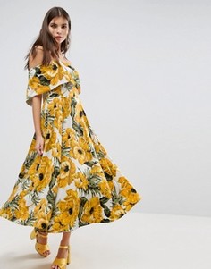 Платье миди с вырезом лодочкой и цветочным принтом ASOS - Мульти