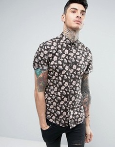 Темно-синяя приталенная рубашка с цветочным принтом ASOS - Темно-синий