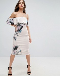 Фактурное платье миди с открытыми плечами и оборками ASOS - Мульти