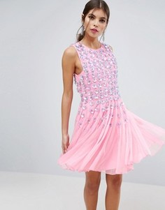 Розовое приталенное платье мини со свободной юбкой и цветочной отделкой ASOS SALON - Розовый