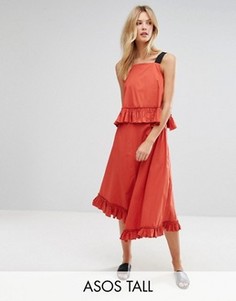 Хлопковое платье миди с рюшами и бретельками из корсажной ленты ASOS TALL - Красный