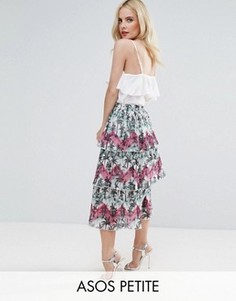Плиссированная ярусная юбка миди с пальмовым принтом ASOS PETITE - Мульти