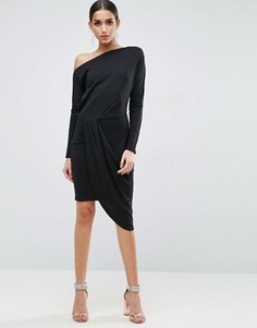 Облегающее платье миди на одно плечо с драпировкой ASOS - Черный