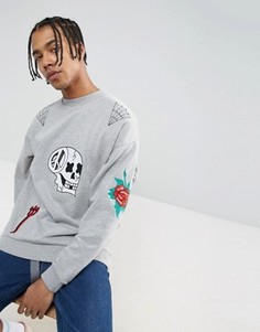 Серый свободный меланжевый свитшот с вышивкой ASOS X LOT STOCK &amp; BARREL - Серый