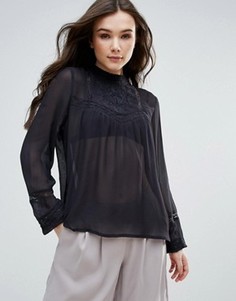 Блузка с высоким воротом и кружевными вставками Vero Moda - Черный