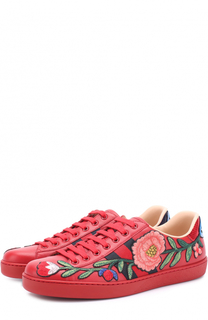 Кожаные кеды Ace с контрастной вышивкой Gucci