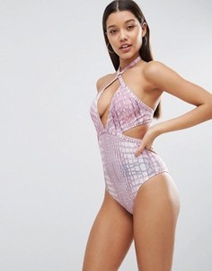 Слитный купальник с завязкой на шее и змеиным принтом ASOS - Мульти