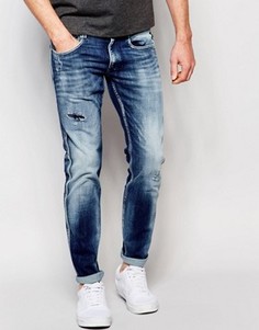 Темные винтажные джинсы слим с потертостями Replay Anbass - Синий