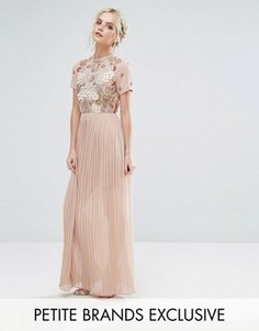 Платье макси с топом с вышивкой и плиссированной юбкой Frock And Frill Petite Premium - Бежевый