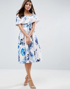 Розовое платье миди с открытыми плечами и цветочным принтом ASOS WEDDING - Мульти