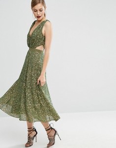Платье миди с вырезами по бокам и отделкой ASOS - Зеленый