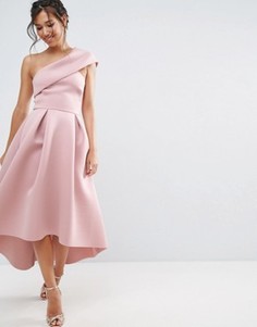 Приталенное платье миди на одно плечо с удлиненным кроем сзади ASOS - Розовый