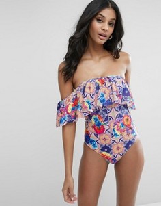 Слитный купальник размеров DD-G с мозаичным принтом ASOS FULLER BUST - Мульти