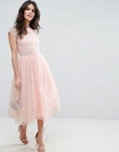 Платье миди для выпускного из кружевного тюля ASOS PREMIUM - Розовый