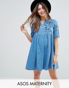 Синее свободное джинсовое платье с вышивкой ASOS MATERNITY - Синий