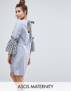 Платье из ткани шамбре с рукавами в клетку ASOS Maternity - Синий