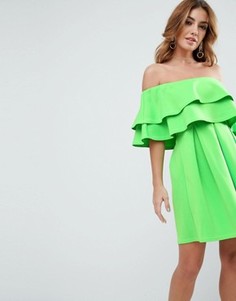 Платье мини с открытыми плечами и оборками ASOS - Зеленый