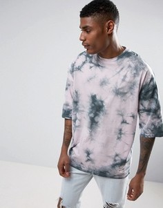 Розовая oversize-футболка с принтом тай-дай и рукавами до локтя ASOS - Серый