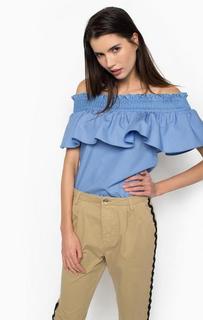 Синяя хлопковая блуза с оборками Pinko