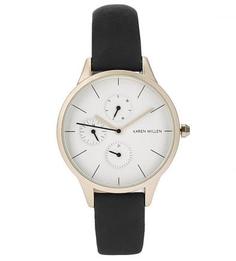Часы с черным ремешком из натуральной кожи Karen Millen
