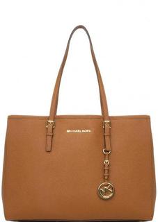Коричневая кожаная сумка с длинными ручками Michael Michael Kors