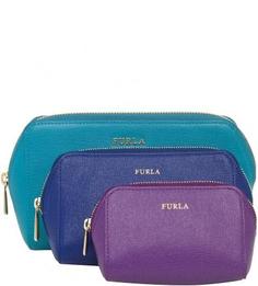 Набор из трех кожаных косметичек бирюзового, фиолетового и синего цветов Furla