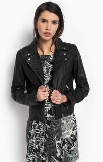 Черная кожаная куртка на молнии и кнопках Selected