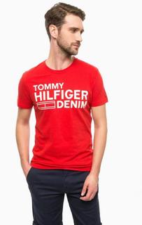 Красная хлопковая футболка с принтом Hilfiger Denim