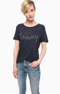 Синяя футболка из вискозы с вышивкой Hilfiger Denim