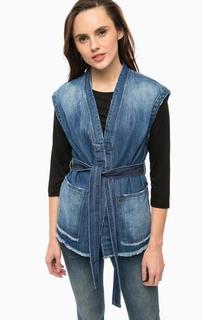Синий джинсовый жилет с поясом на талии Only