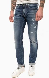 Синие зауженные джинсы с потертостями и рваными деталями Gas