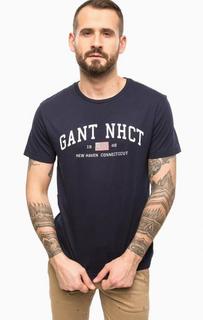 Синяя хлопковая футболка с принтом Gant