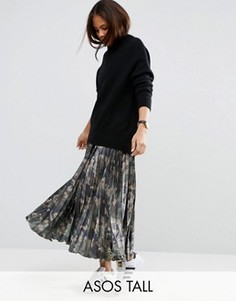 Атласная плиссированная юбка с камуфляжным принтом ASOS TALL - Мульти