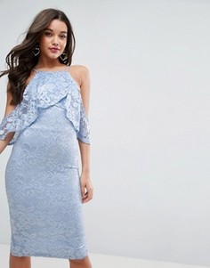 Кружевное облегающее платье миди с запахом и оборками ASOS - Синий